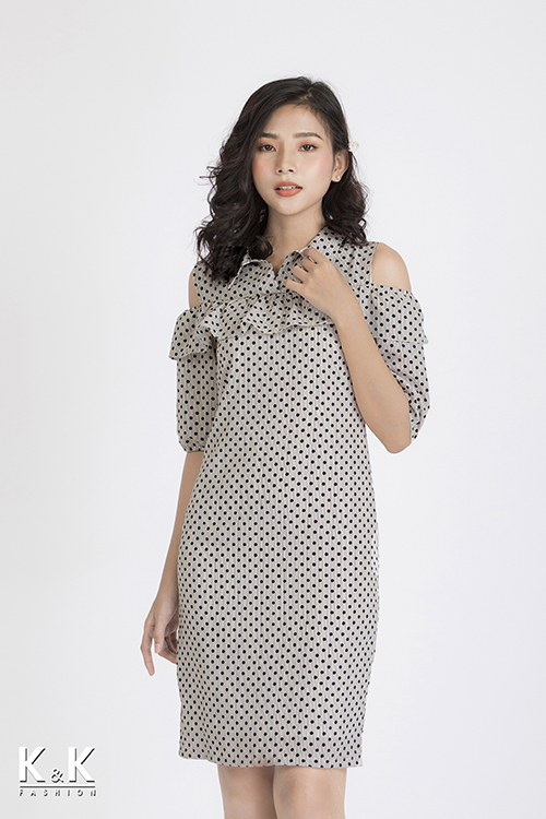 Đầm trễ vai họa tiết chấm bi KK88-15